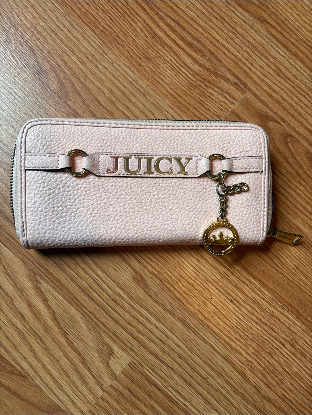 Juicy Couture Light Pink Pebbled Zip-Around Wallet with Gold Charm